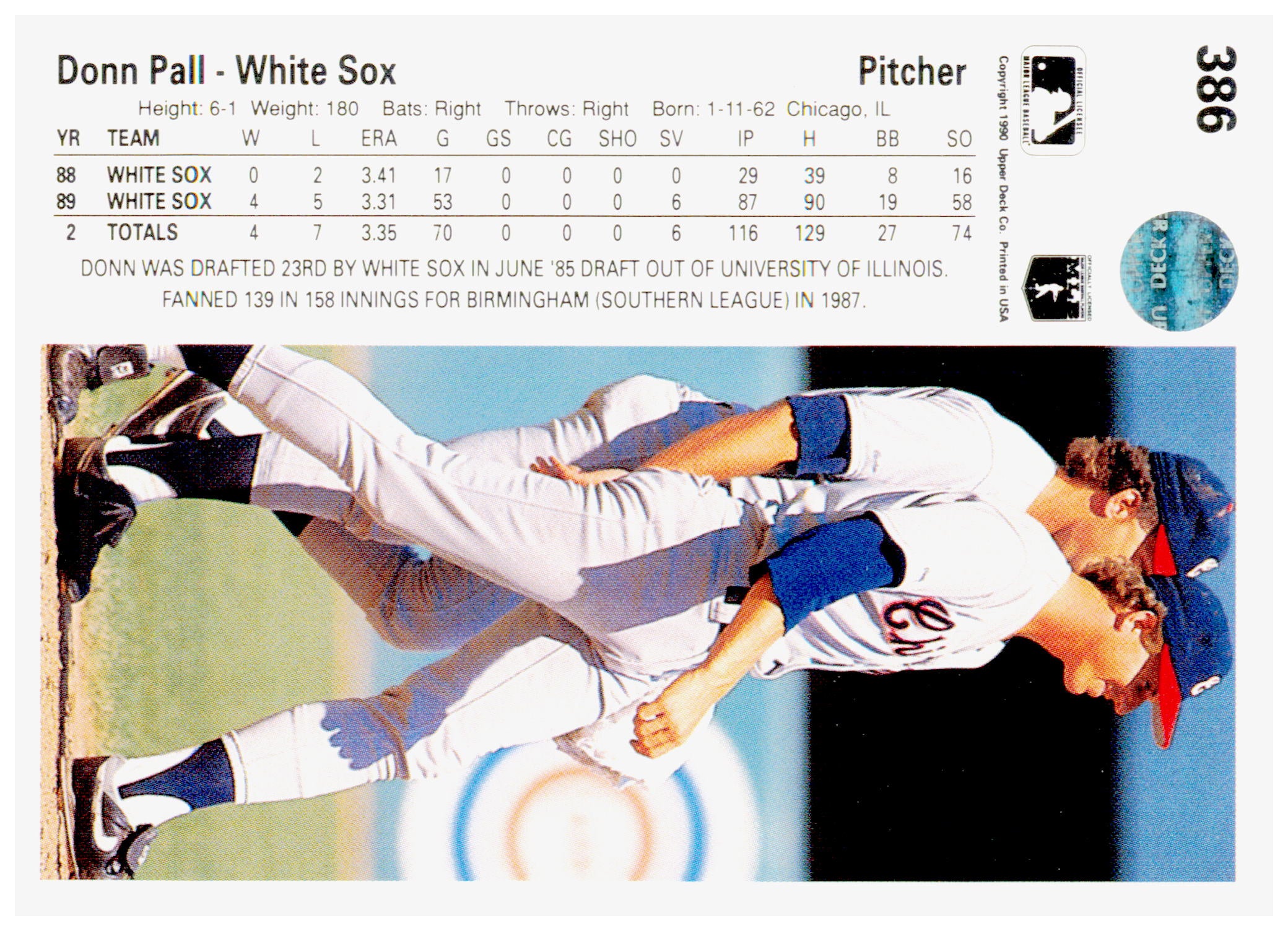 1990 Upper Deck Donn Pall Card Chicago White Sox #386
