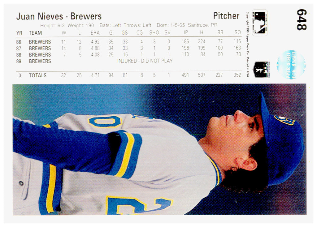 1990 Upper Deck Juan Nieves Card Milwaukee Brewers #648