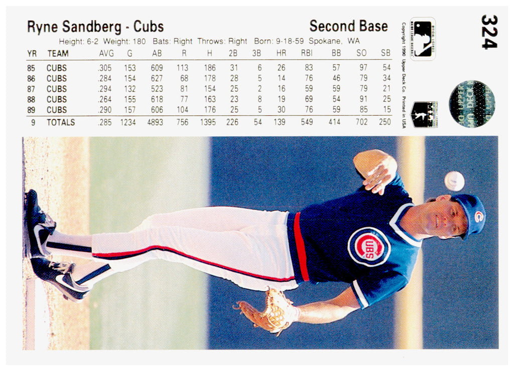 1990 Upper Deck Ryne Sandberg Card Chicago Cubs #324