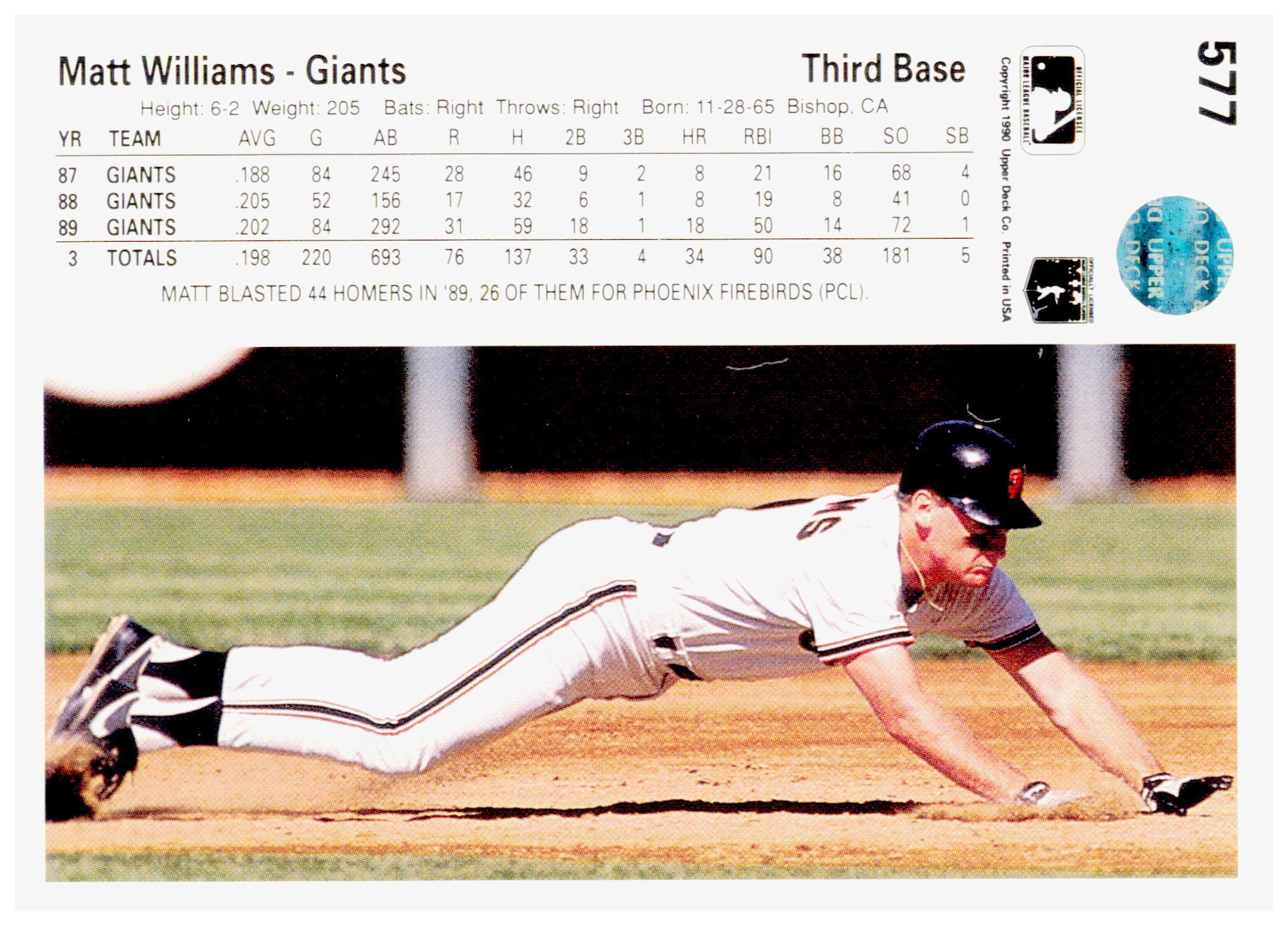 1990 Upper Deck Matt Williams Card San Francisco Giants #577