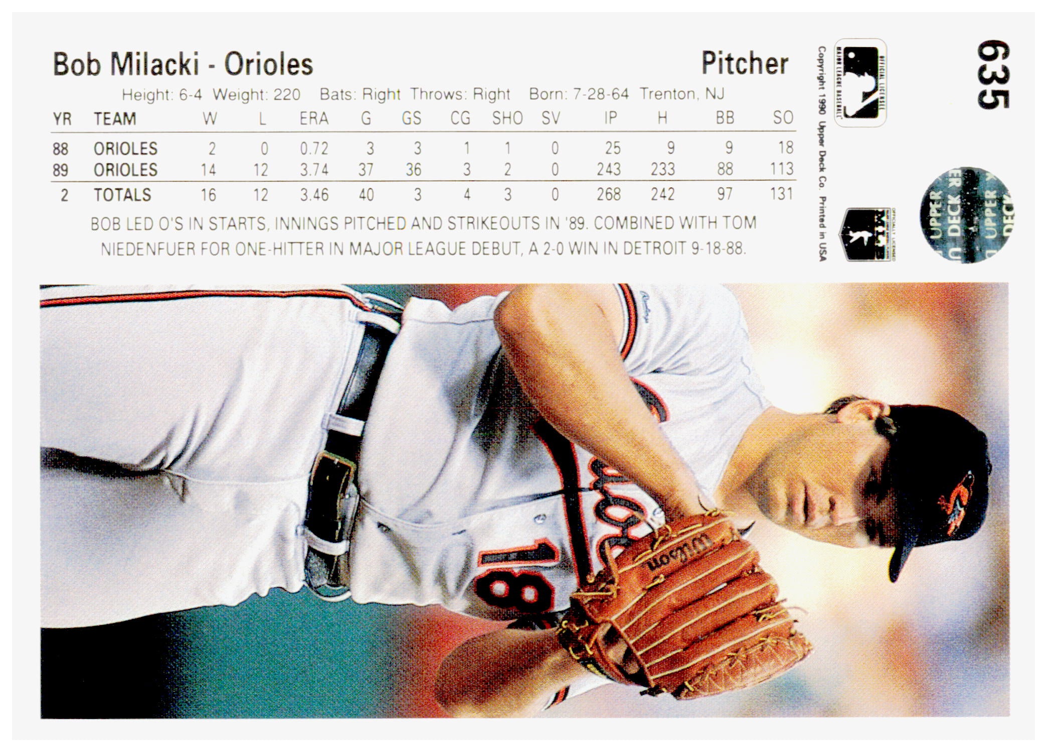1990 Upper Deck Bob Milacki Card Baltimore Orioles #635