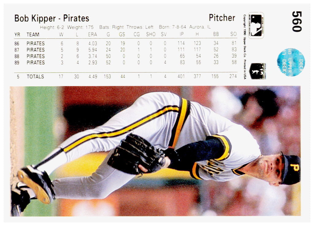 1990 Upper Deck Bob Kipper Card Pittsburgh Pirates #560