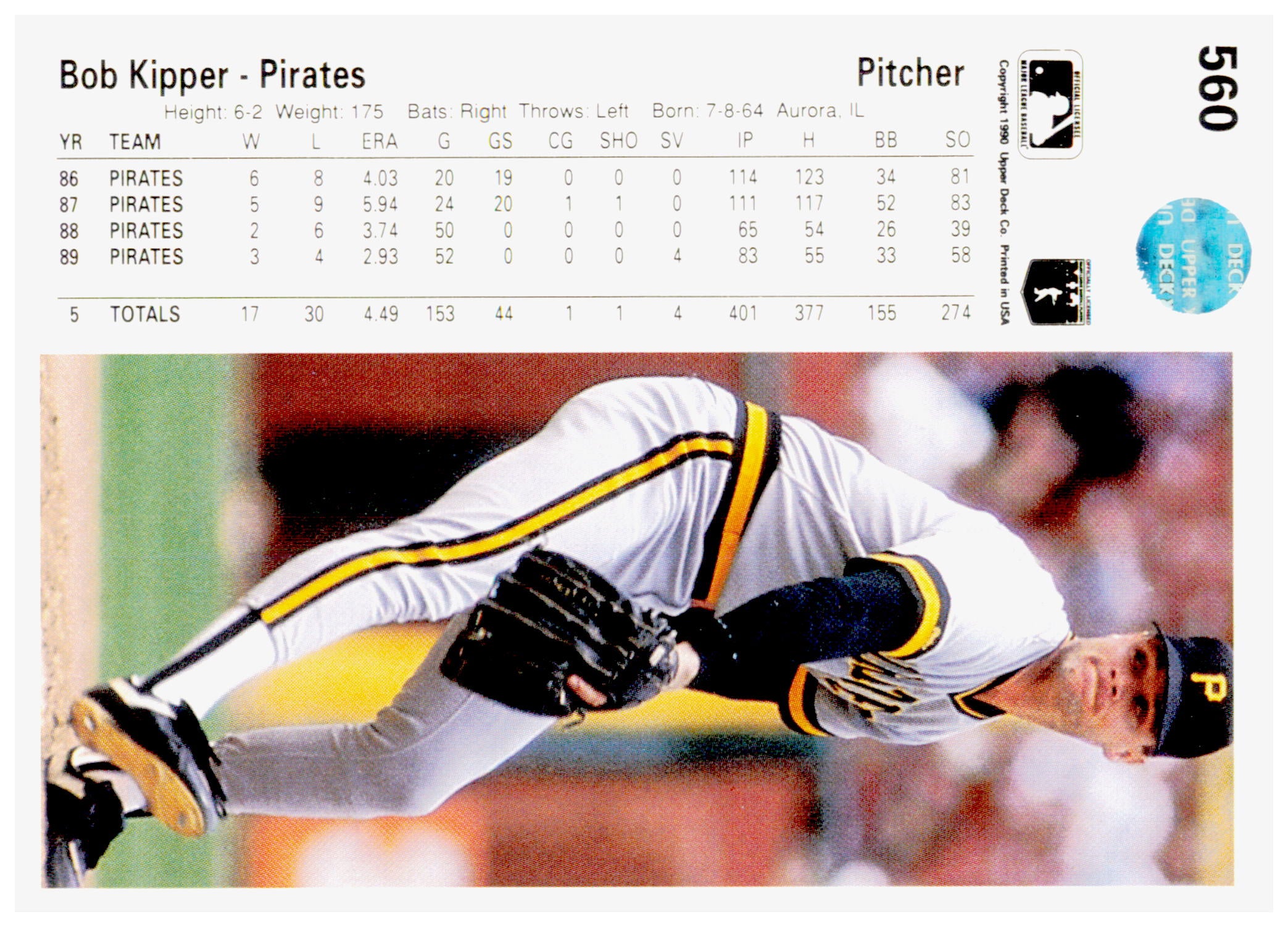 1990 Upper Deck Bob Kipper Card Pittsburgh Pirates #560