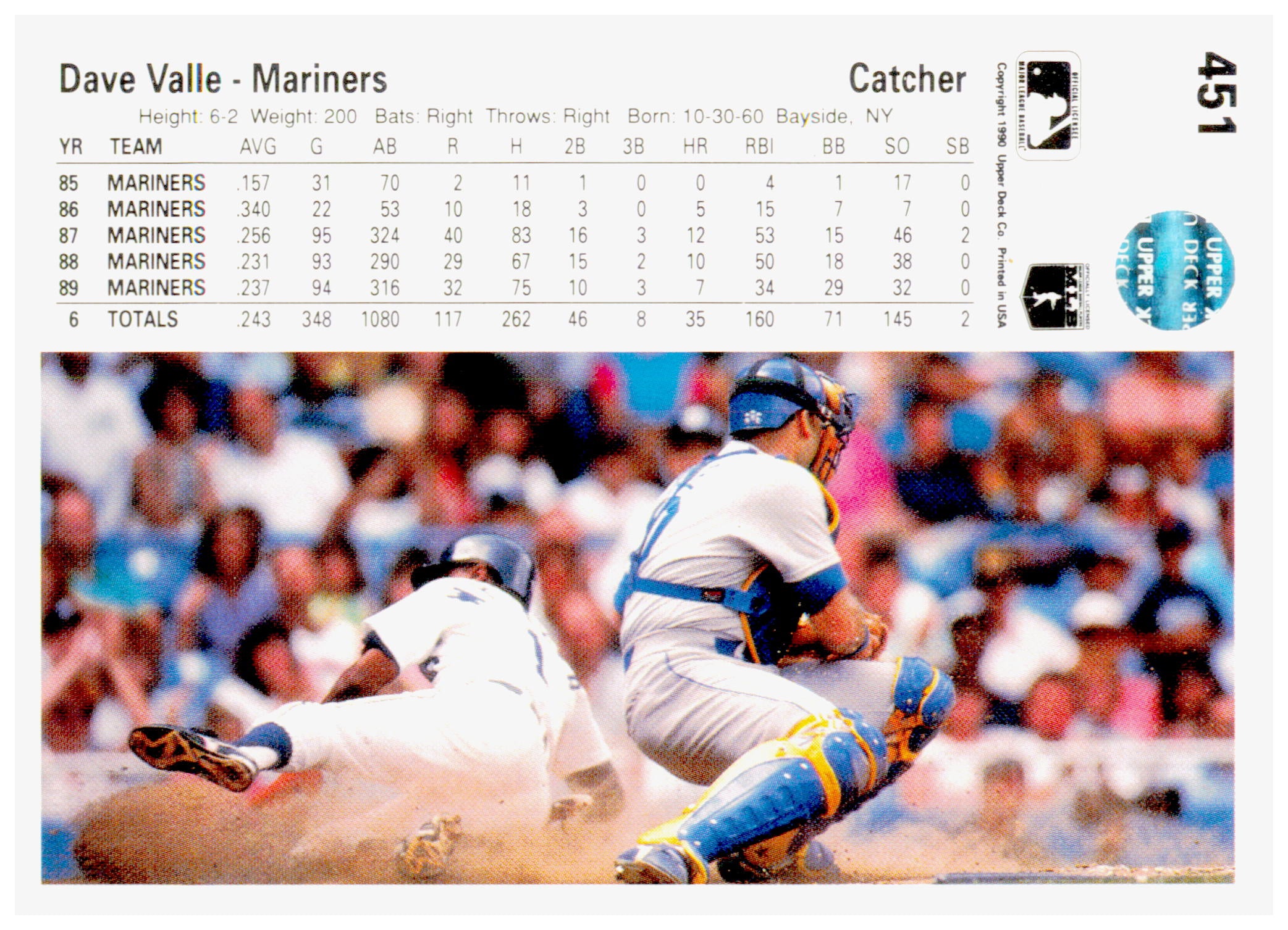 1990 Upper Deck Dave Valle Card Seattle Mariners #451