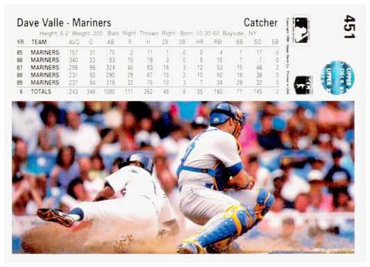 1990 Upper Deck Dave Valle Card Seattle Mariners #451