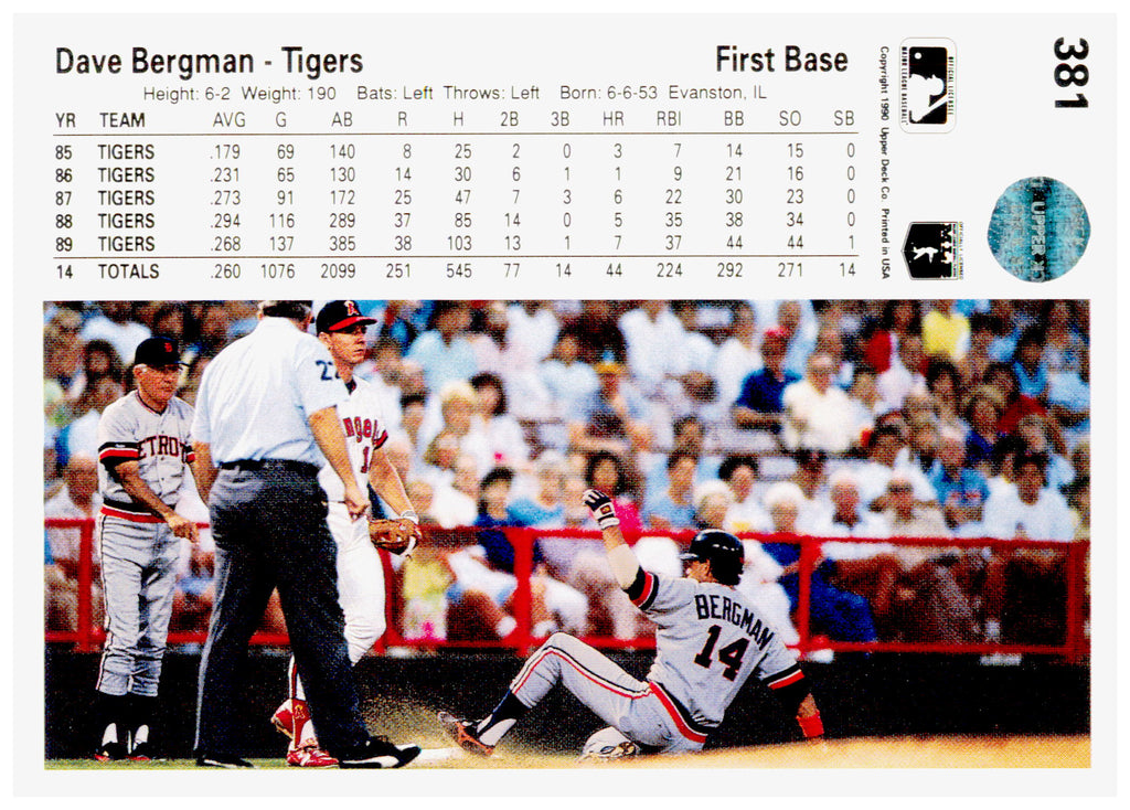 1990 Upper Deck Dave Bergman Card Detroit Tigers #381
