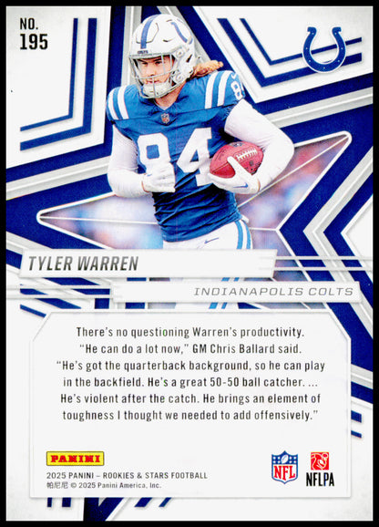 2025 Panini Rookies & Stars Tyler Warren Card RC Indianapolis Colts #195