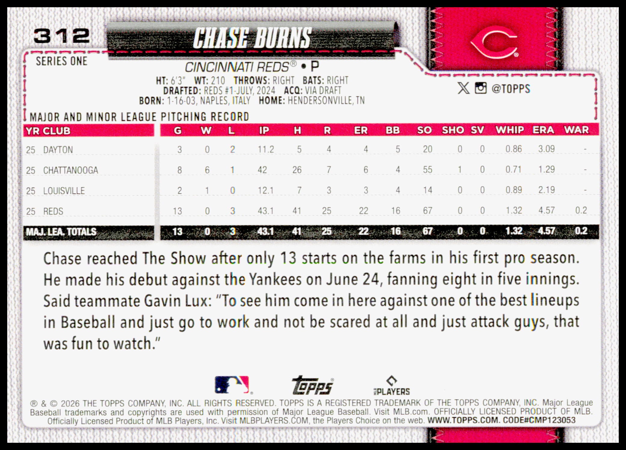 2026 Topps Chase Burns Card RC Cincinnati Reds #312