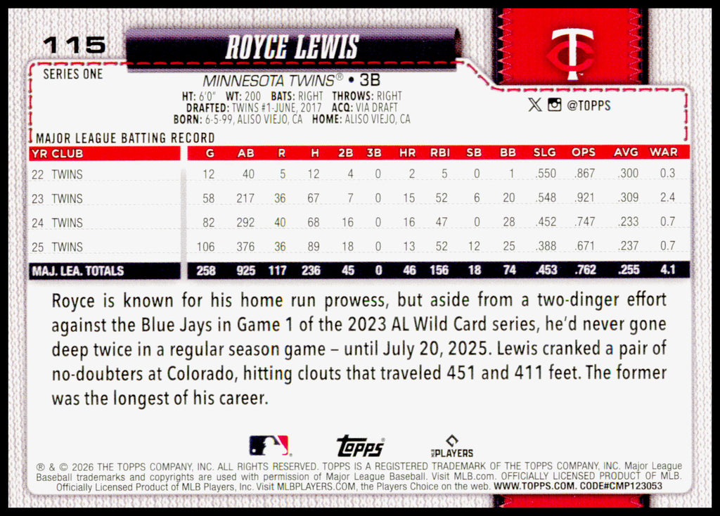 2026 Topps Series 1 Royce Lewis Minnesota Twins #115