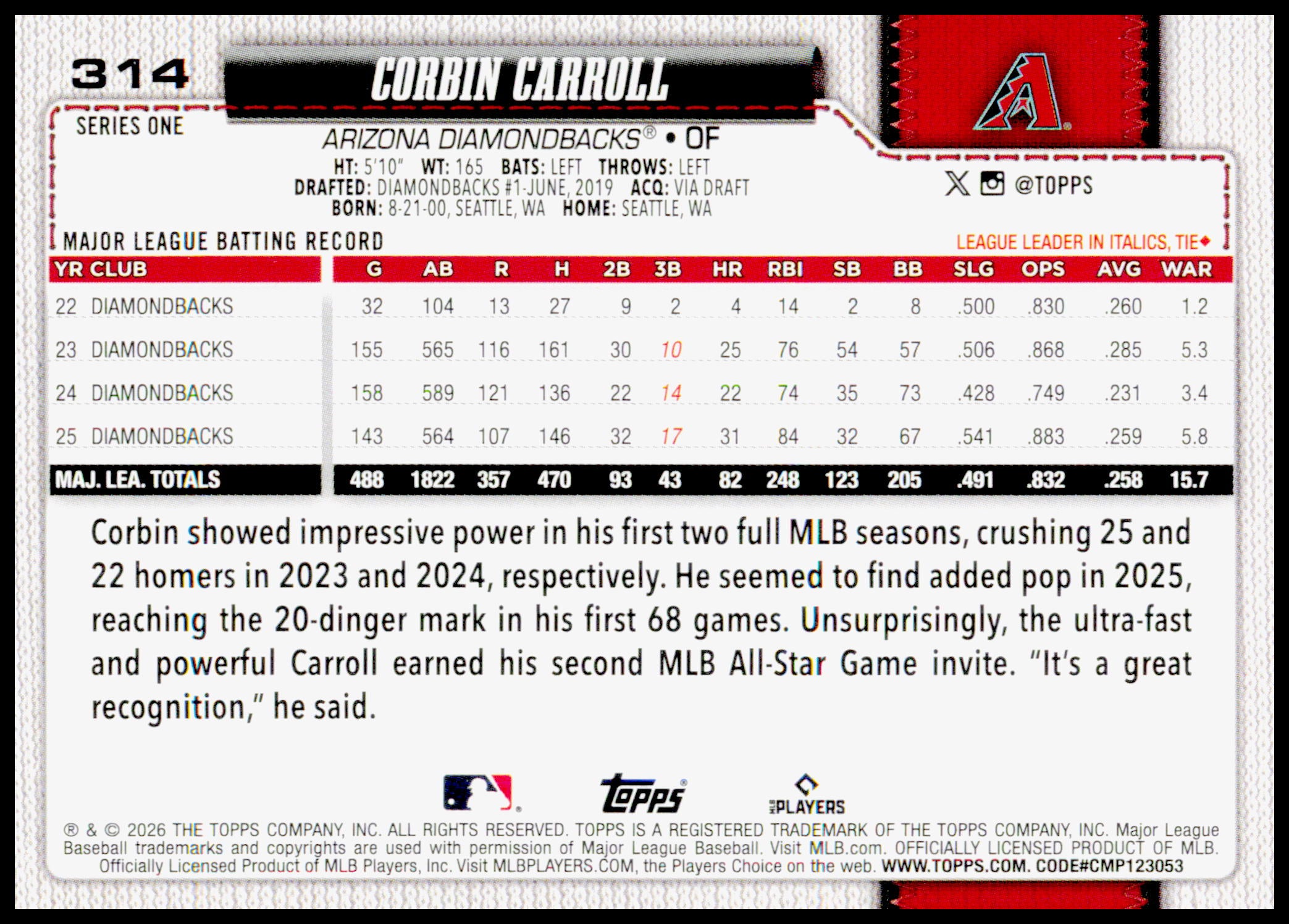 2026 Topps Series  1 Corbin Carroll Card Arizona Diamondbacks #314
