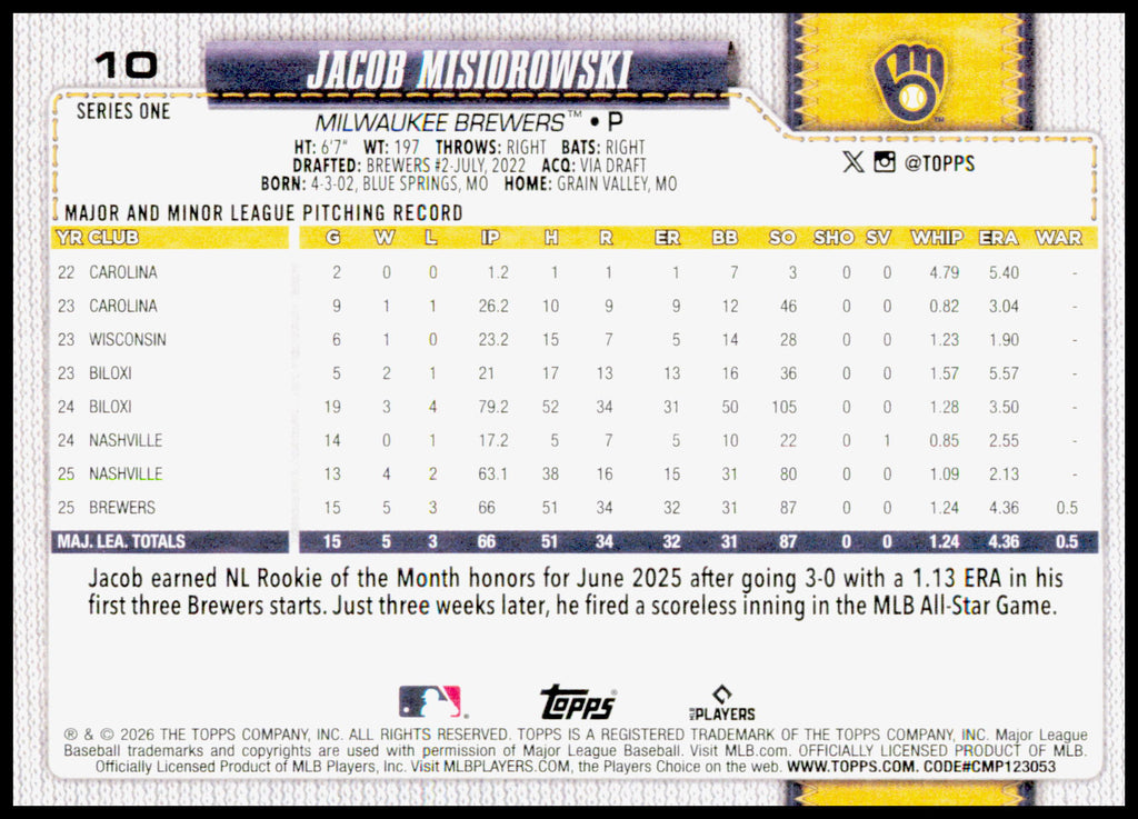 2026 Topps Jacob Misiorowski Card RC Milwaukee Brewers #10