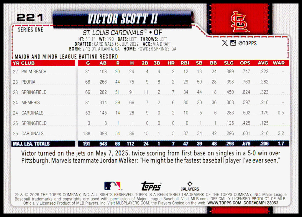 2026 Topps Victor Scott II Card St. Louis Cardinals #221