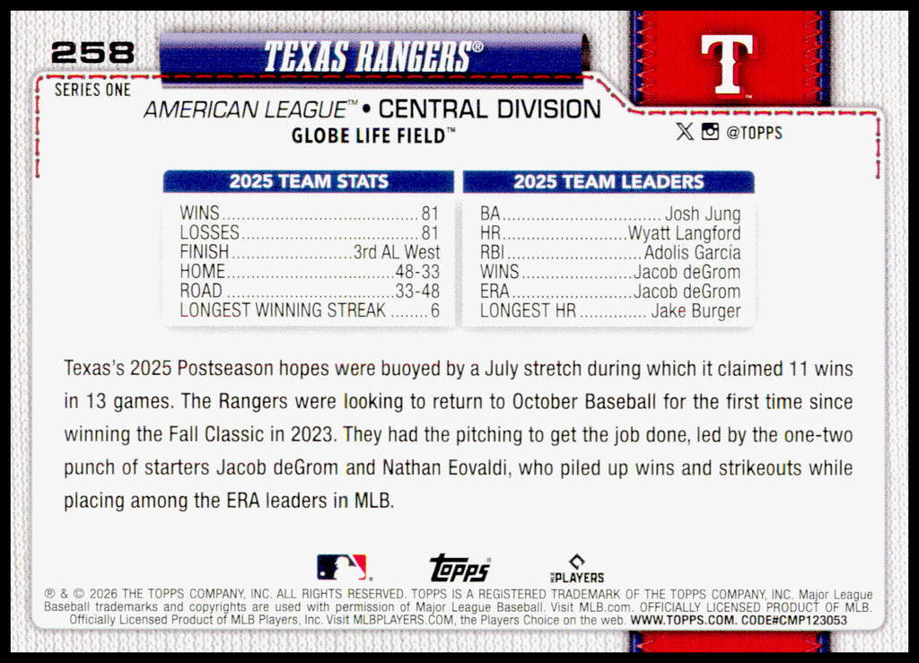 2026 Topps Texas Rangers Card Texas Rangers #258