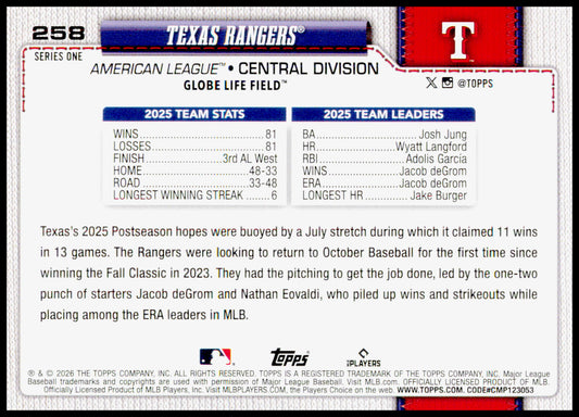 2026 Topps Texas Rangers Card Texas Rangers #258