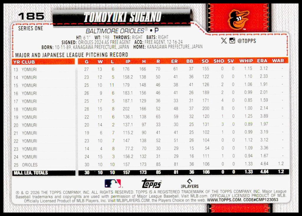 2026 Topps Tomoyuki Sugano Card Baltimore Orioles #185