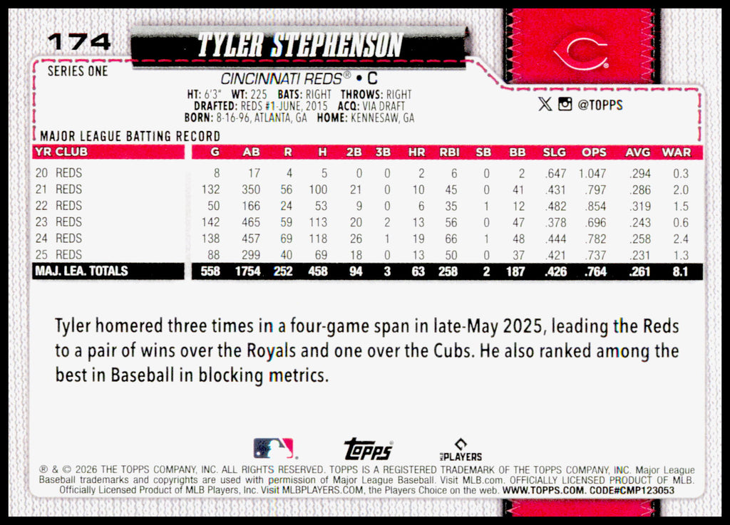 2026 Topps Tyler Stephenson Card Cincinnati Reds #174