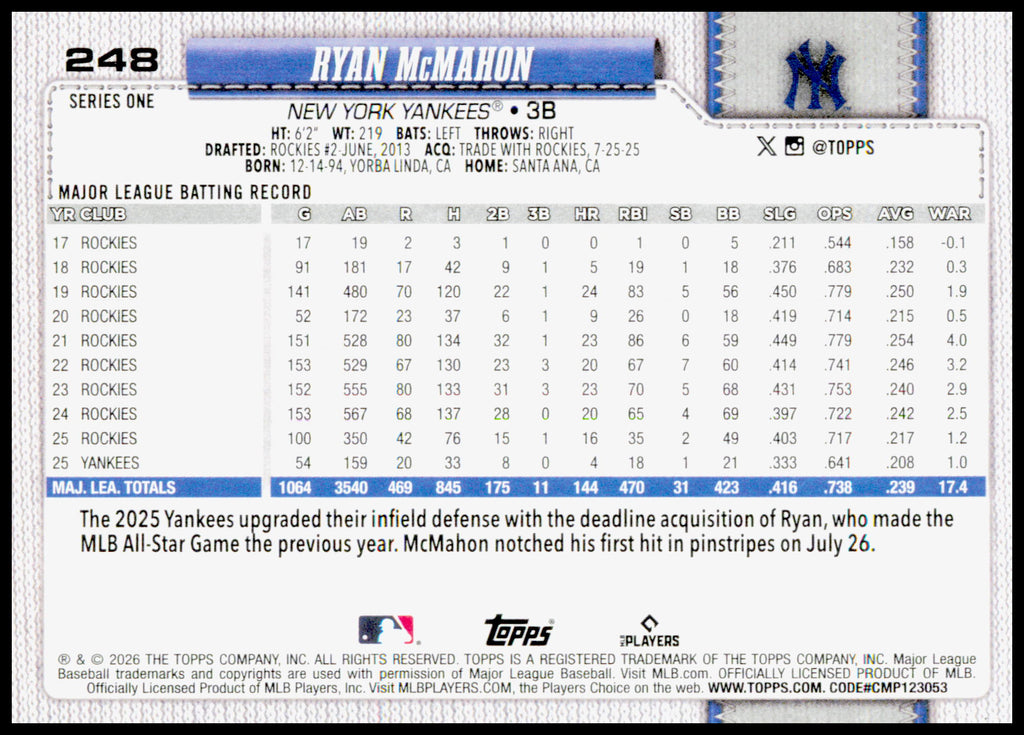 2026 Topps Ryan McMahon Card New York Yankees #248