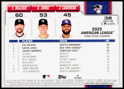 2026 Topps American League Leaders HRs Raleigh /  Judge /  Caminero Card #38