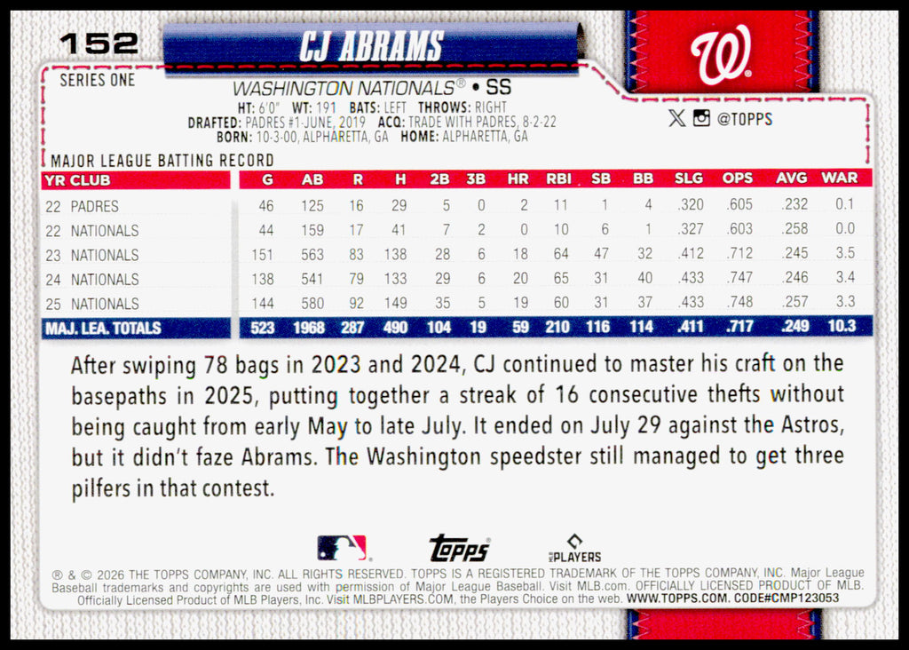2026 Topps CJ Abrams Card Washington Nationals #152