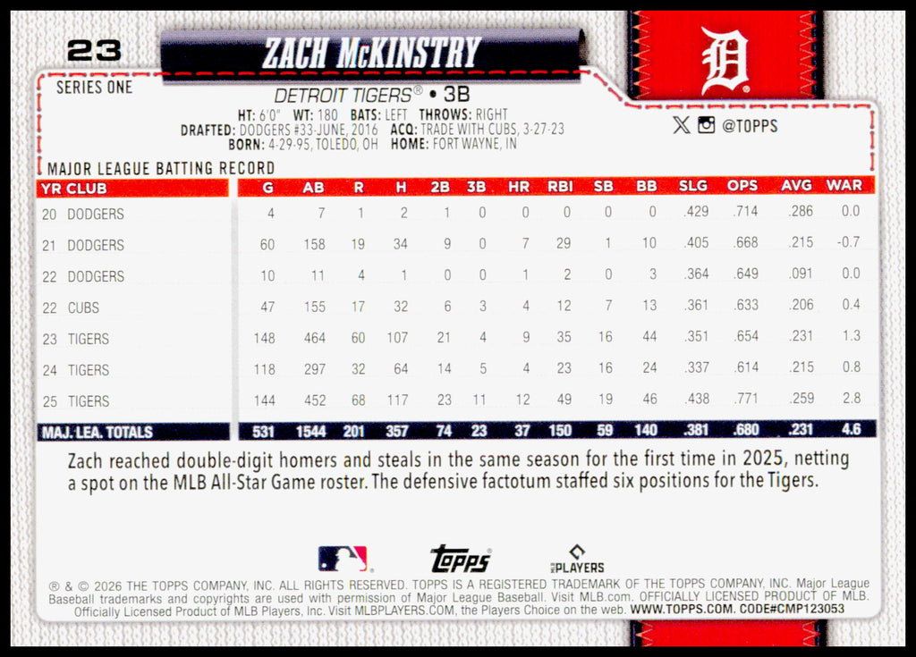 2026 Topps Zach McKinstry Card Detroit Tigers #23