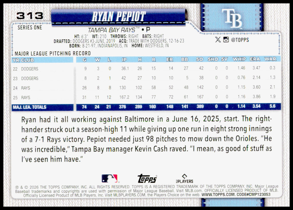 2026 Topps Ryan Pepiot Card Tampa Bay Rays #313