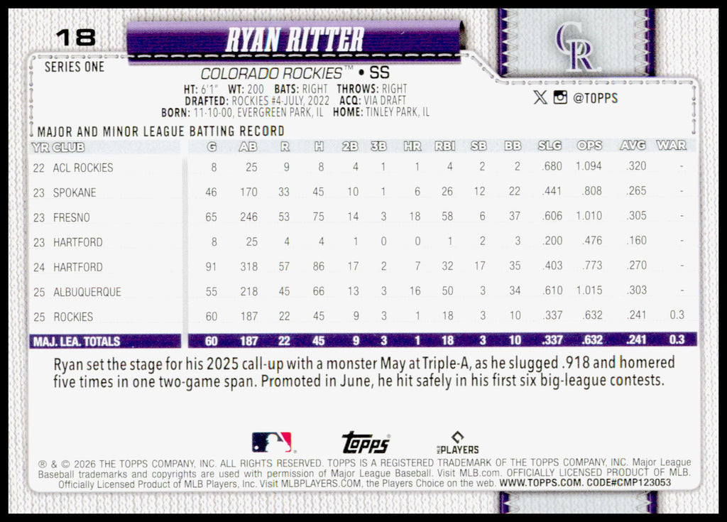 2026 Topps Ryan Ritter Card Colorado Rockies #18