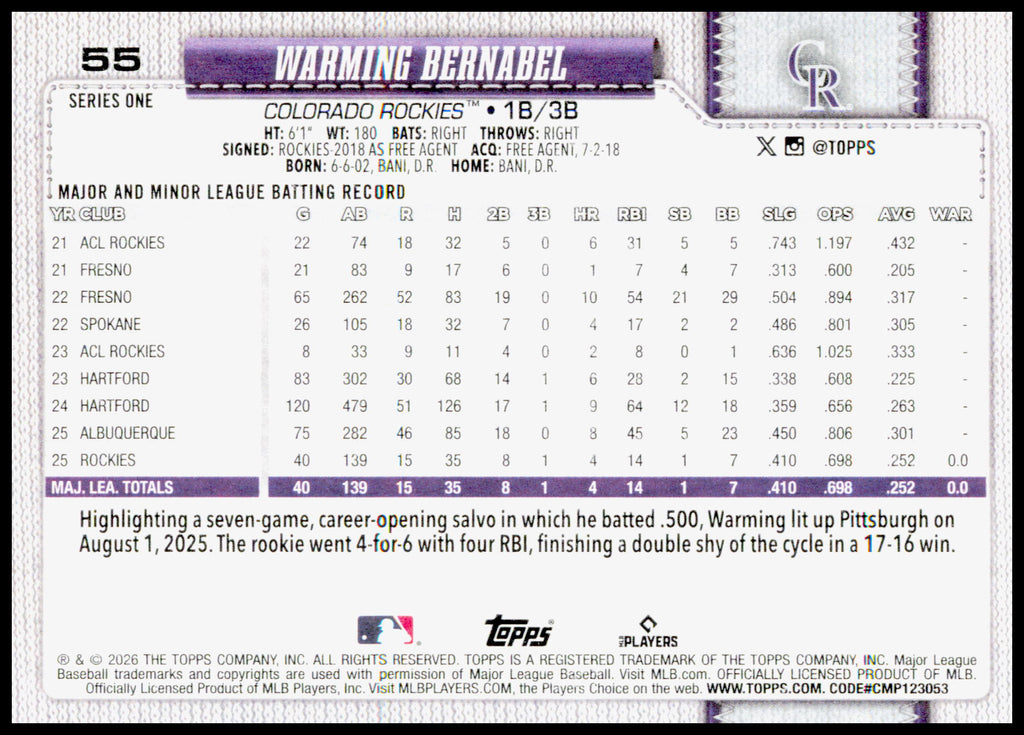 2026 Topps Warming Bernabel Card RC Colorado Rockies #55