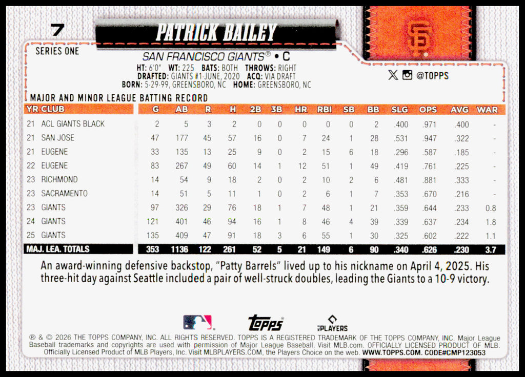2026 Topps Patrick Bailey Card San Francisco Giants #7