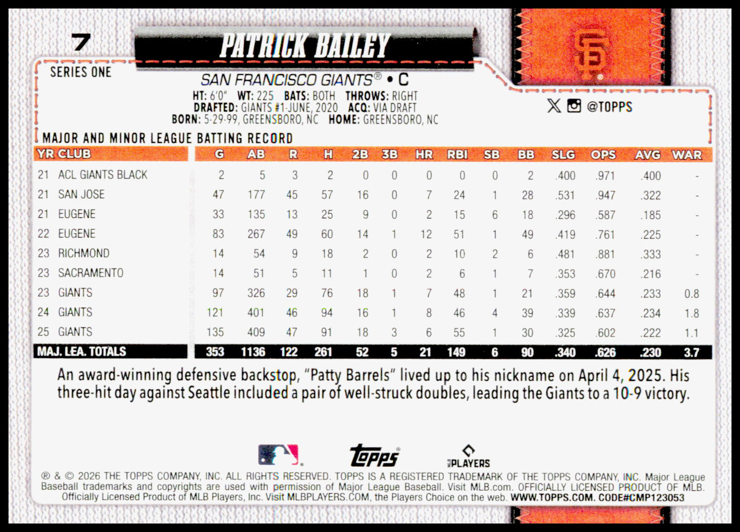 2026 Topps Patrick Bailey Card San Francisco Giants #7