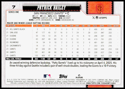 2026 Topps Patrick Bailey Card San Francisco Giants #7