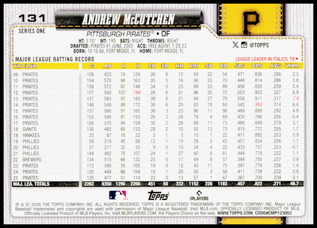 2026 Topps Andrew McCutchen Card Pittsburgh Pirates #131
