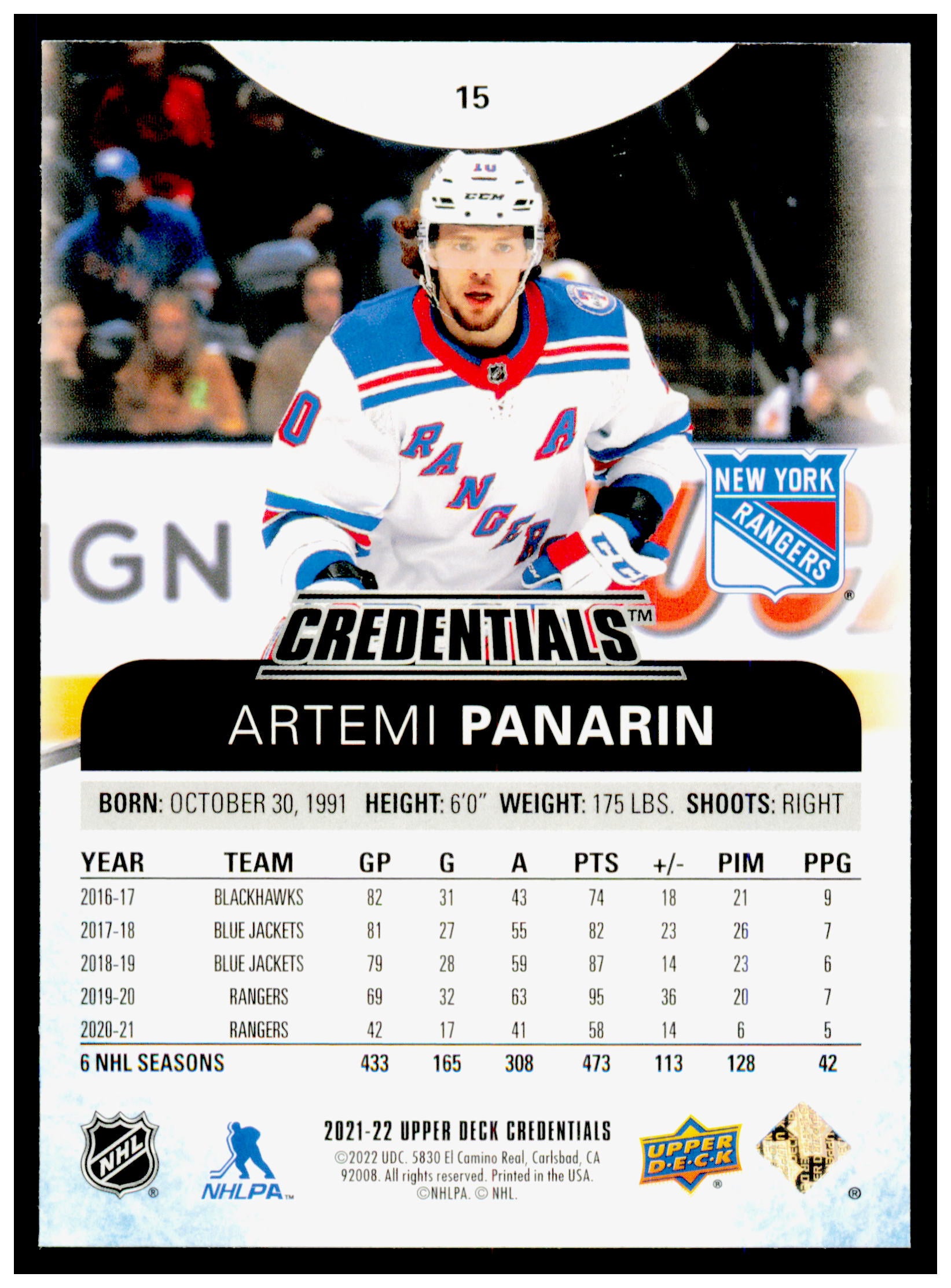 2021-22 Upper Deck Credentials Artemi Panarin Card New York Rangers #15