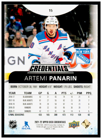 2021-22 Upper Deck Credentials Artemi Panarin Card New York Rangers #15