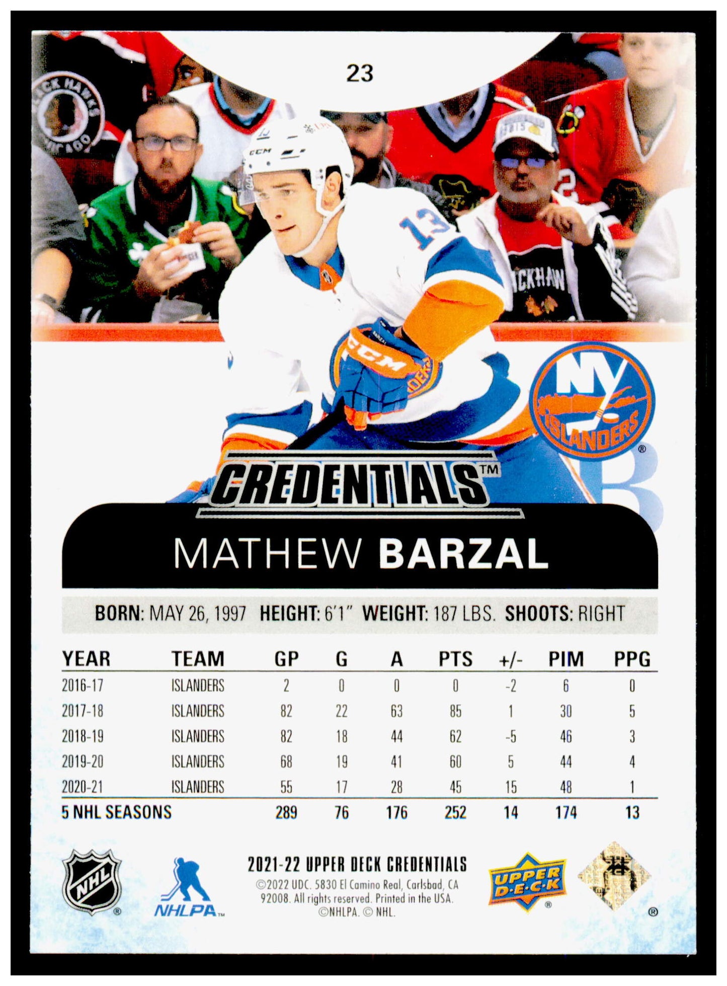 2021-22 Upper Deck Credentials Mathew Barzal Card New York Islanders #23