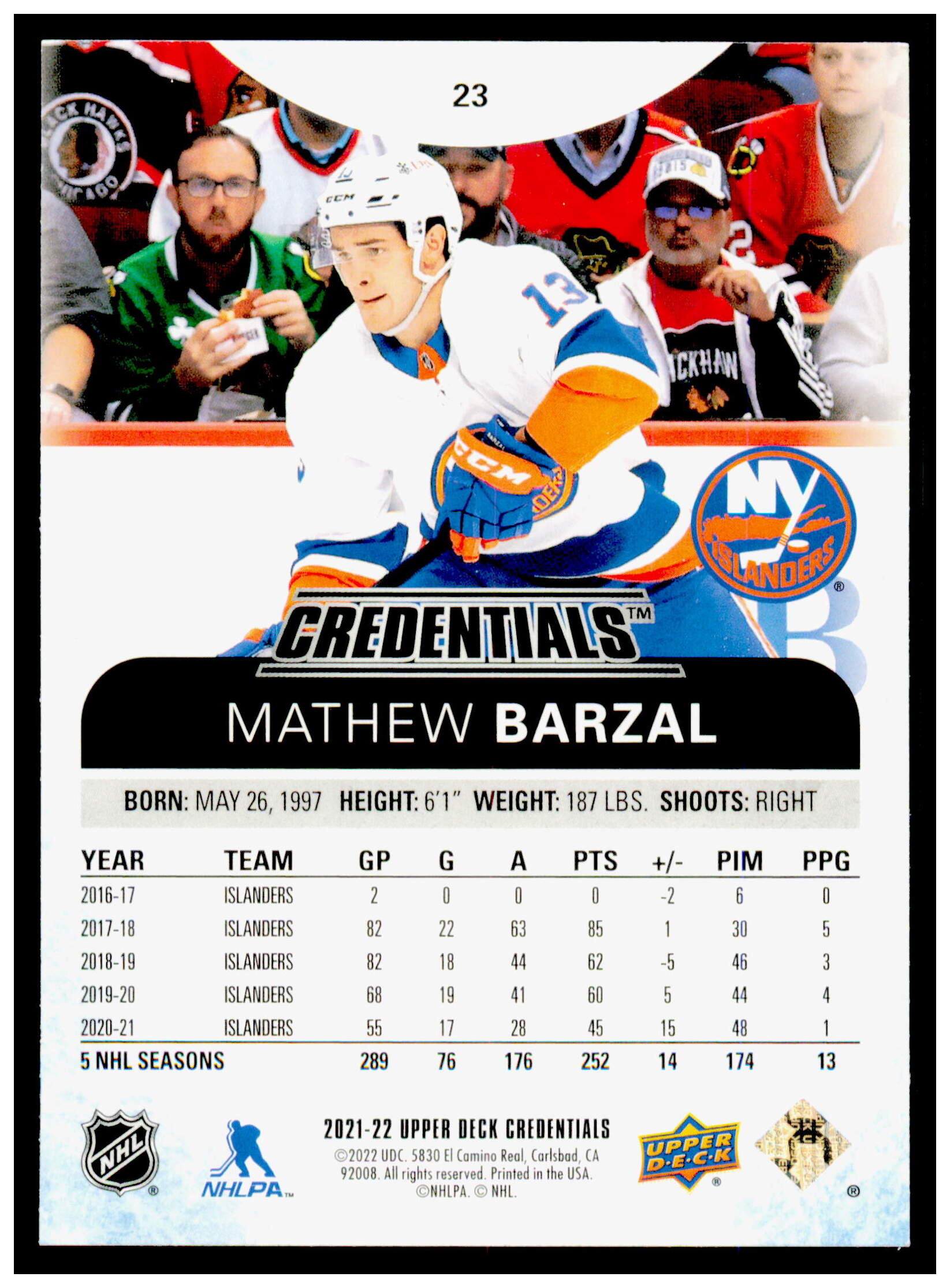 2021-22 Upper Deck Credentials Mathew Barzal Card New York Islanders #23