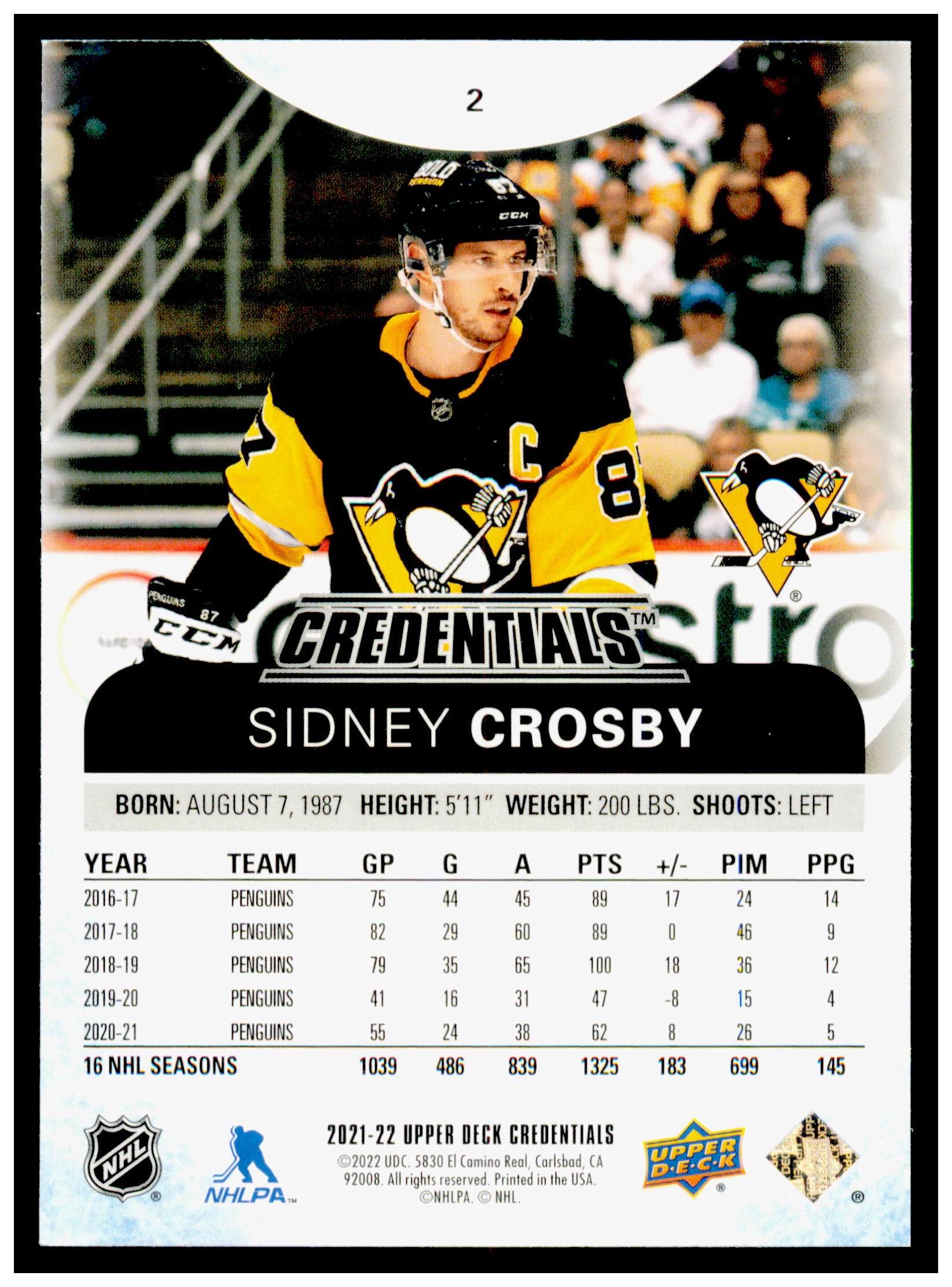 2021-22 Upper Deck Credentials Sidney Crosby Card Pittsburgh Penguins #2