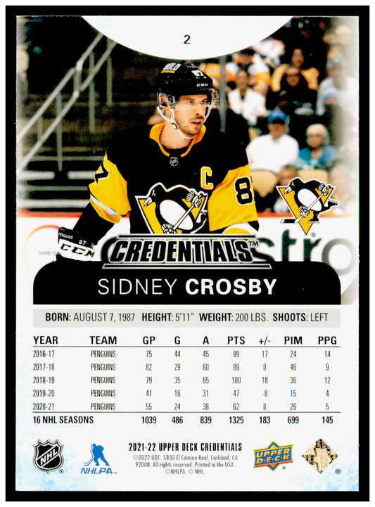 2021-22 Upper Deck Credentials Sidney Crosby Card Pittsburgh Penguins #2