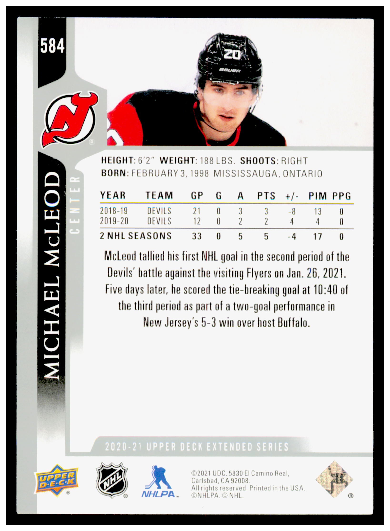 2020-21 Upper Deck Michael McLeod Card New Jersey Devils #584