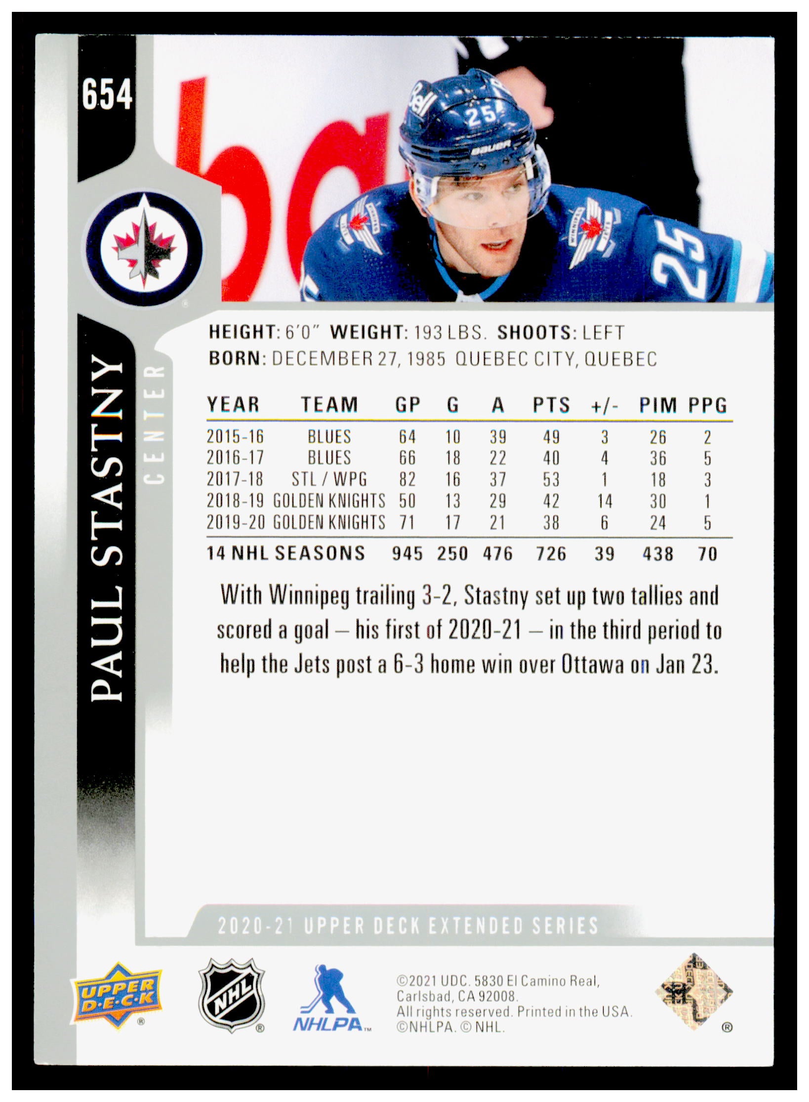 2020-21 Upper Deck Paul Stastny Card French Winnipeg Jets #654