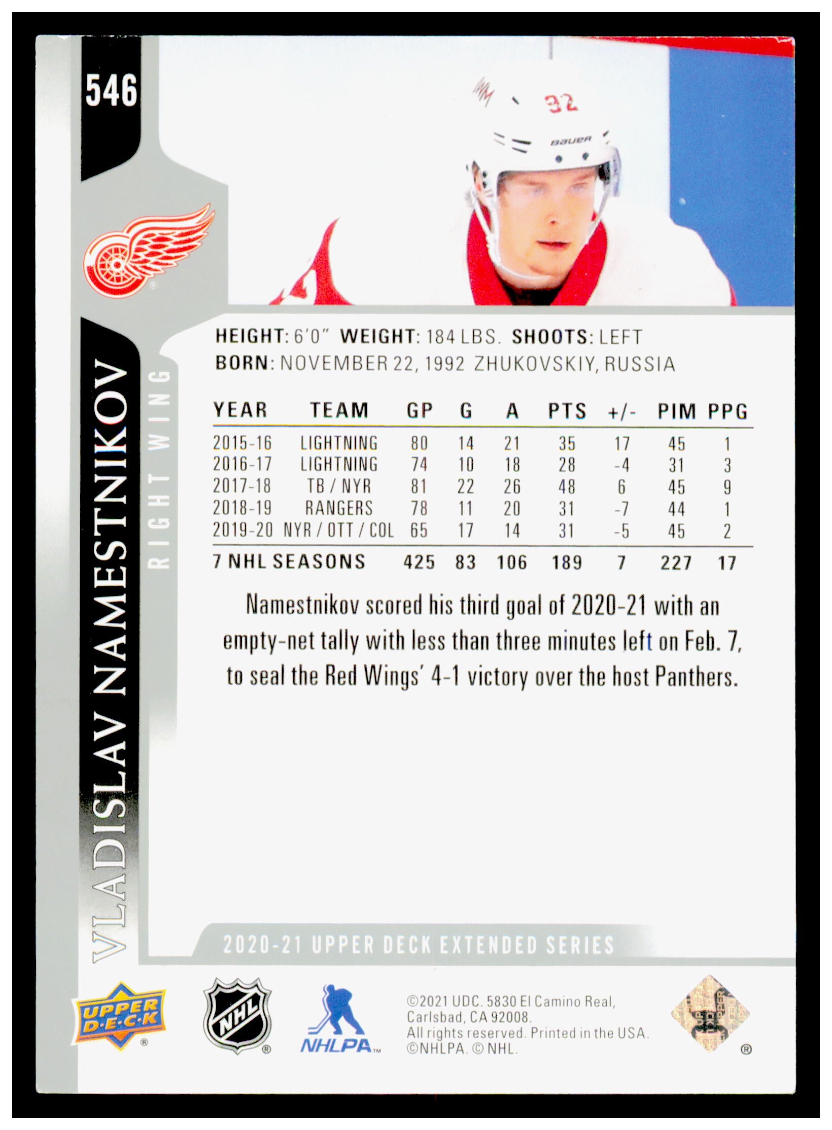 2020-21 Upper Deck Vladislav Namestnikov Card Detroit Red Wings #546