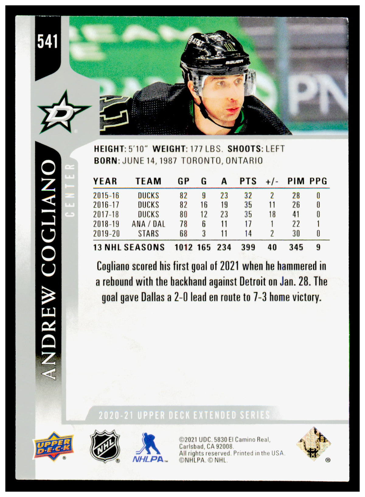 2020-21 Upper Deck Andrew Cogliano Card French Dallas Stars #541
