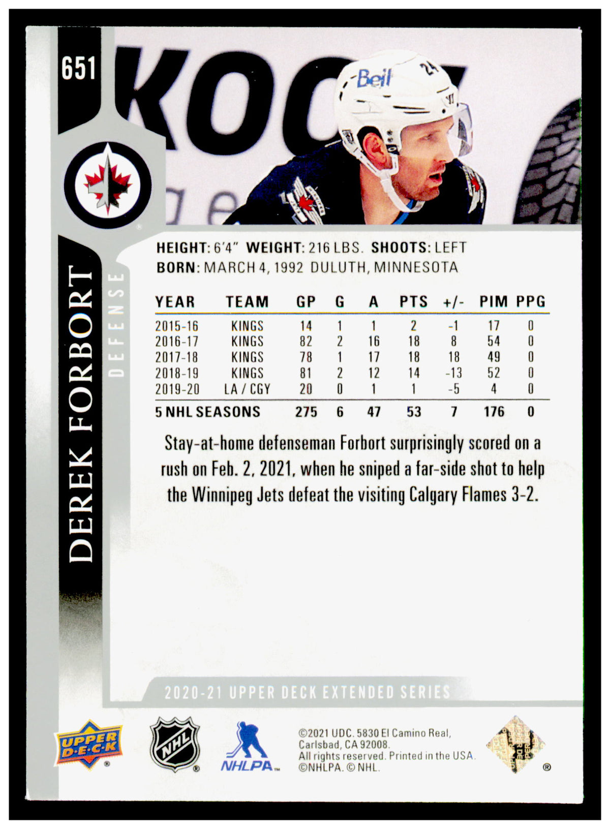 2020-21 Upper Deck Derek Forbort Card French Winnipeg Jets #651