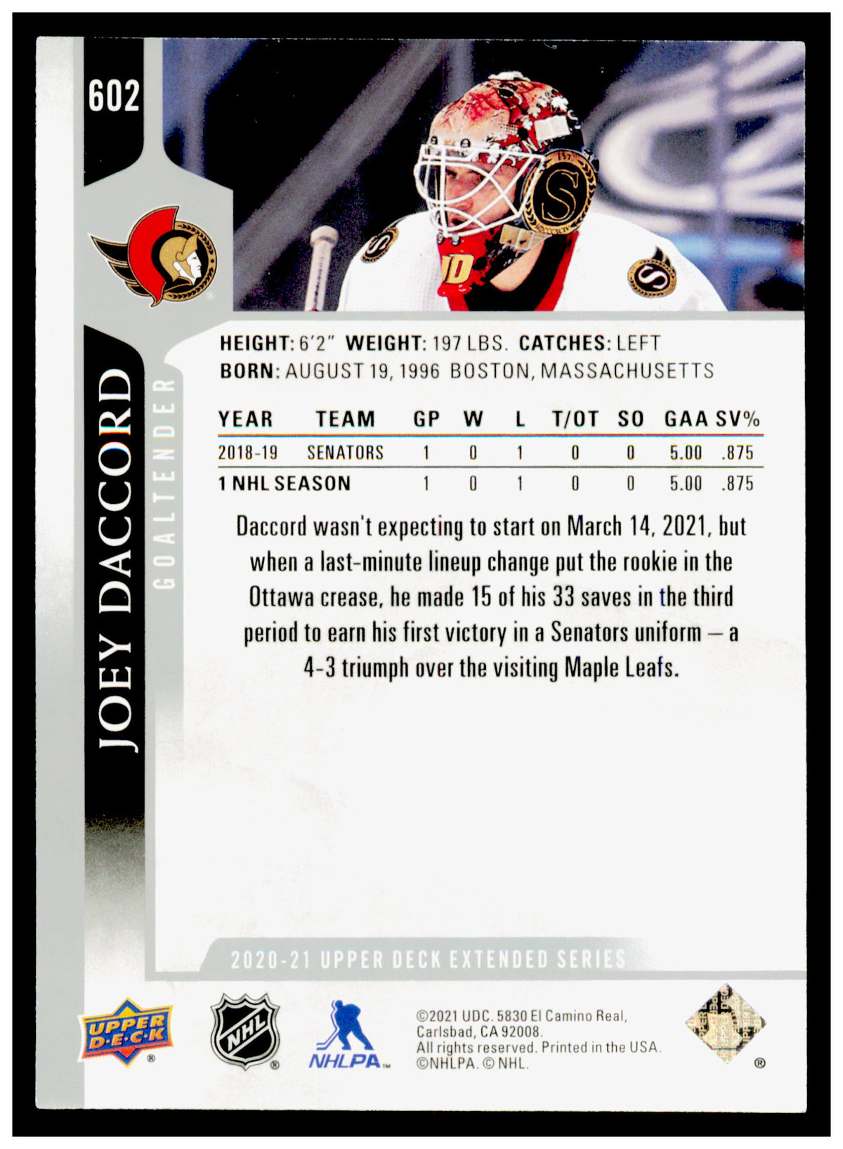 2020-21 Upper Deck Joey Daccord Card Ottawa Senators #602