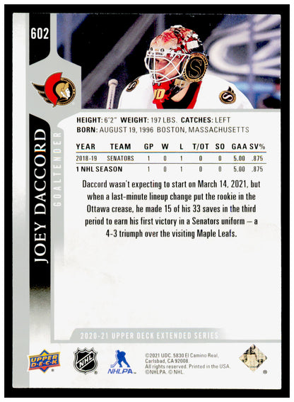 2020-21 Upper Deck Joey Daccord Card Ottawa Senators #602