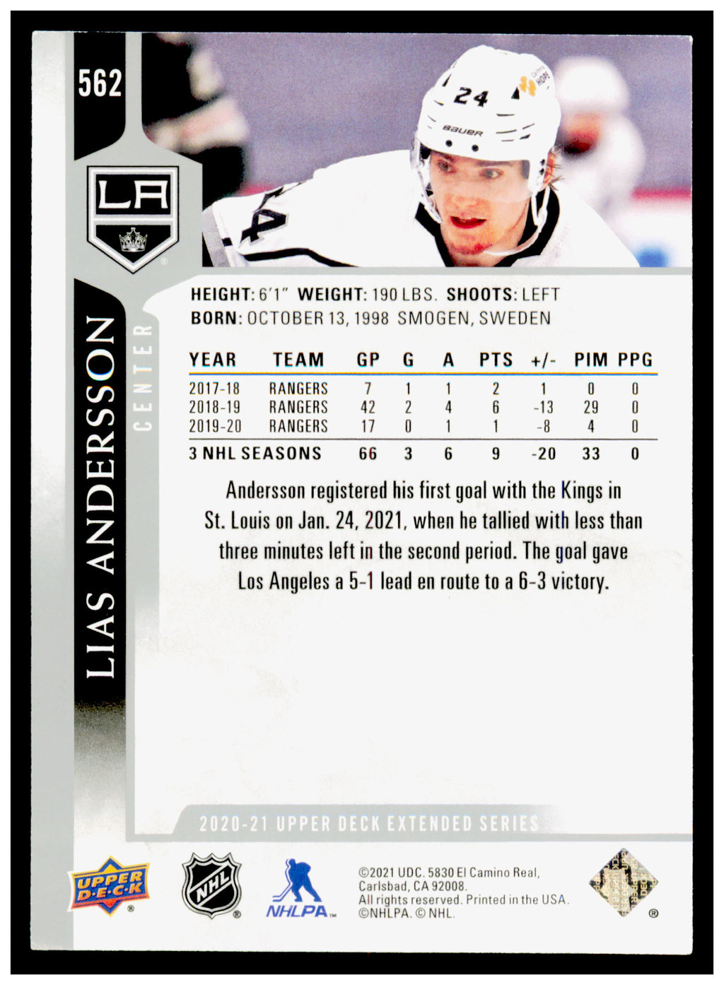 2020-21 Upper Deck Lias Andersson Card Los Angeles Kings #562