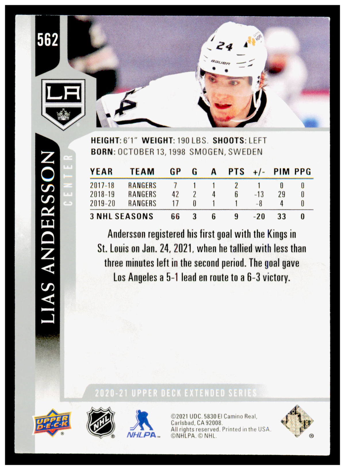2020-21 Upper Deck Lias Andersson Card Los Angeles Kings #562