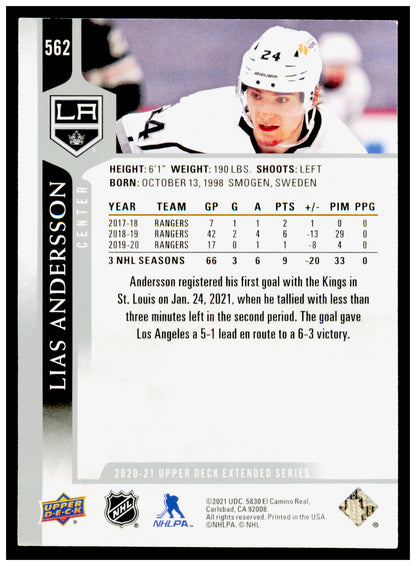 2020-21 Upper Deck Lias Andersson Card Los Angeles Kings #562