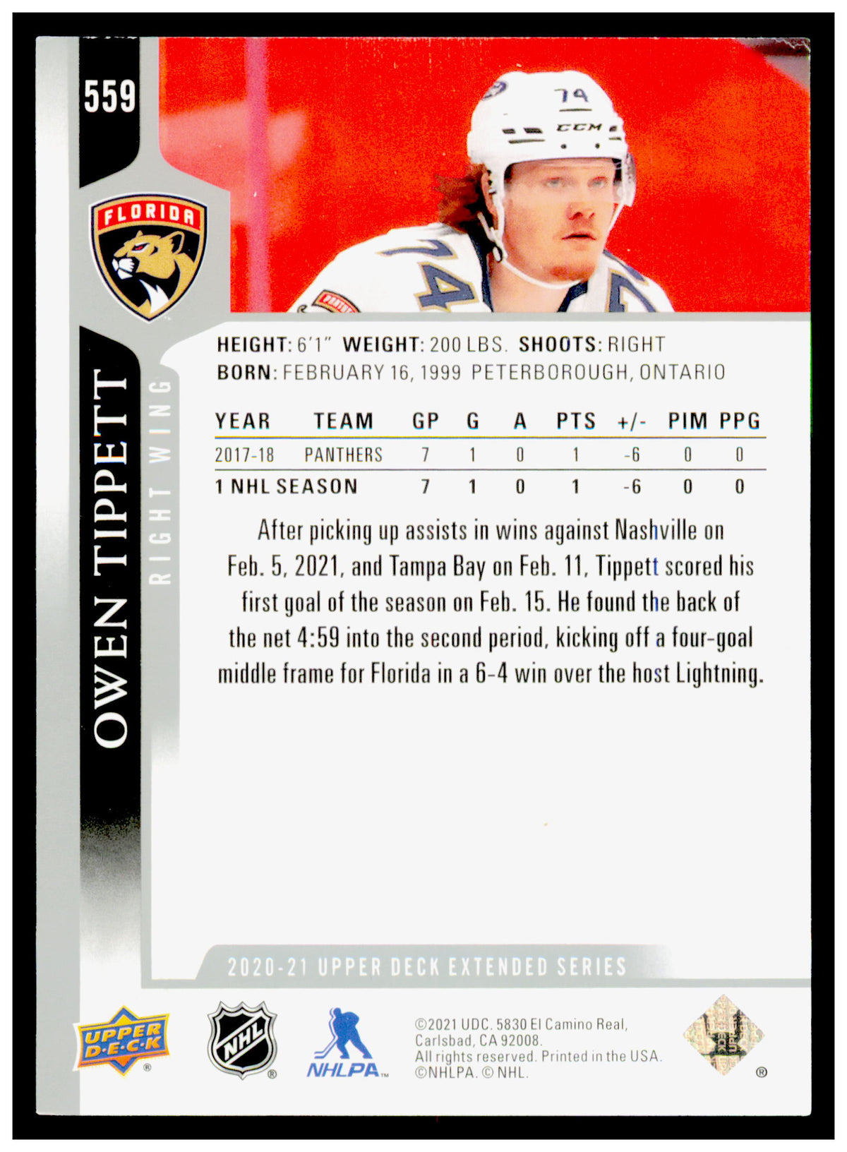 2020-21 Upper Deck Owen Tippett Card Florida Panthers #559