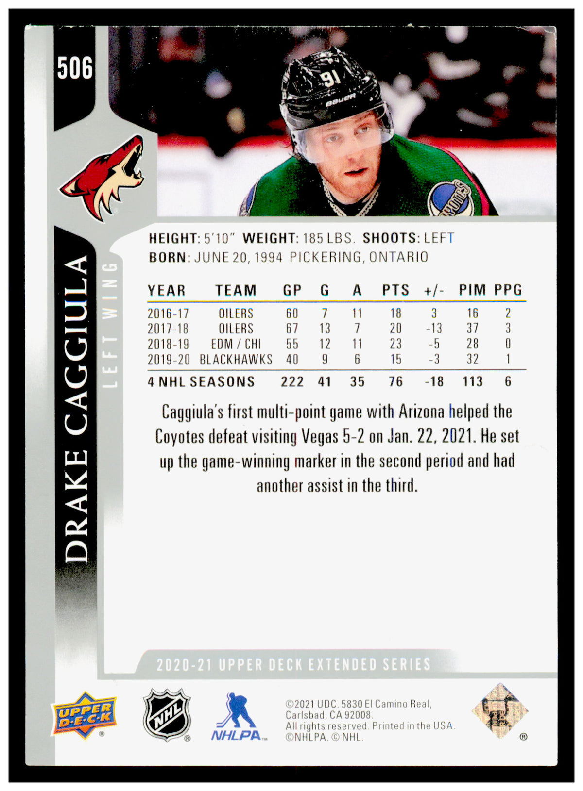 2020-21 Upper Deck Drake Caggiula Card French Arizona Coyotes #506