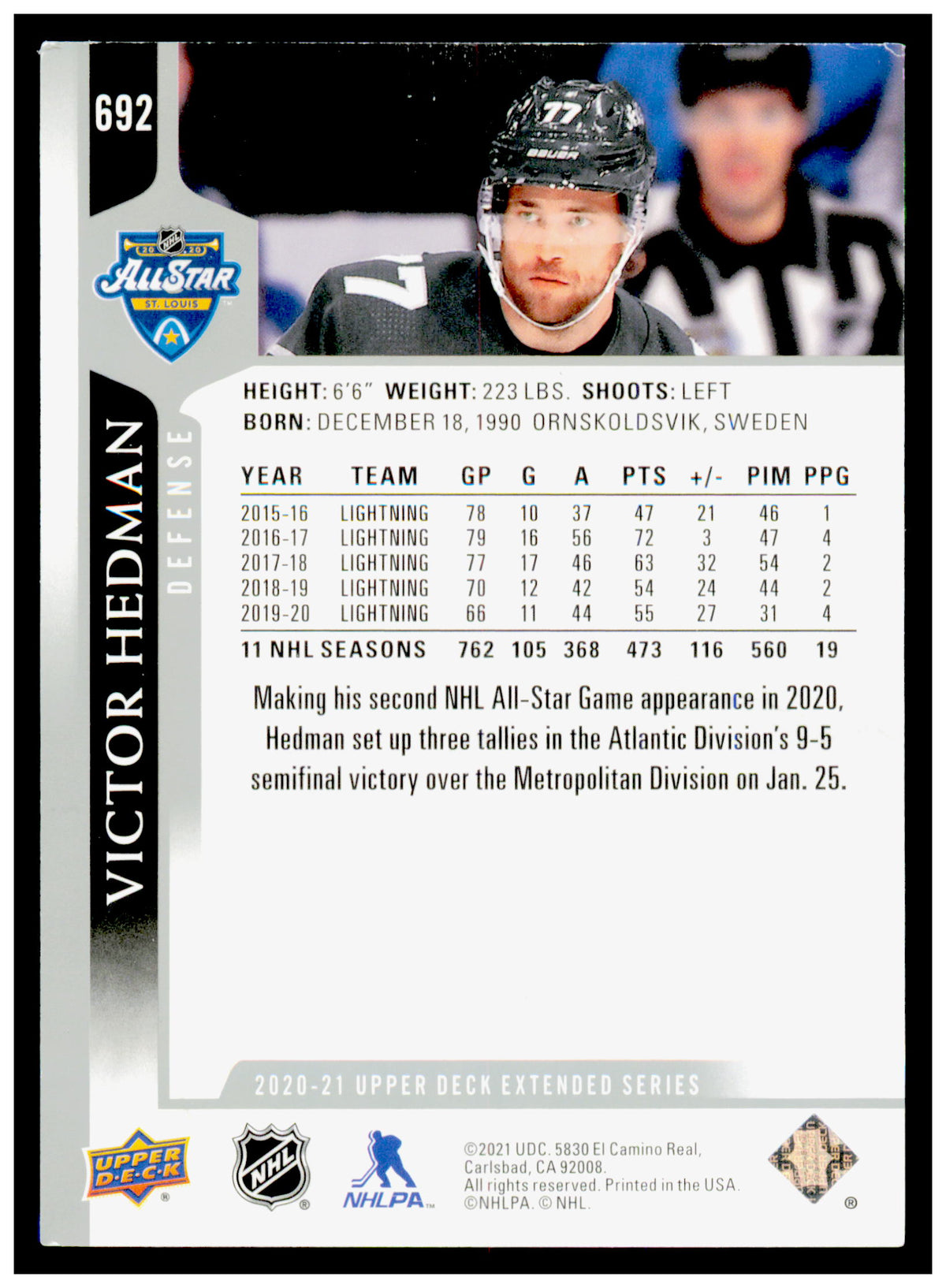 2020-21 Upper Deck Victor Hedman Card Tampa Bay Lightning #692